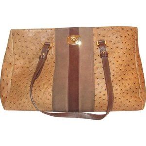 Furla Brown Ostrich XL Tote Embossed Leather And Suede Center Stripe